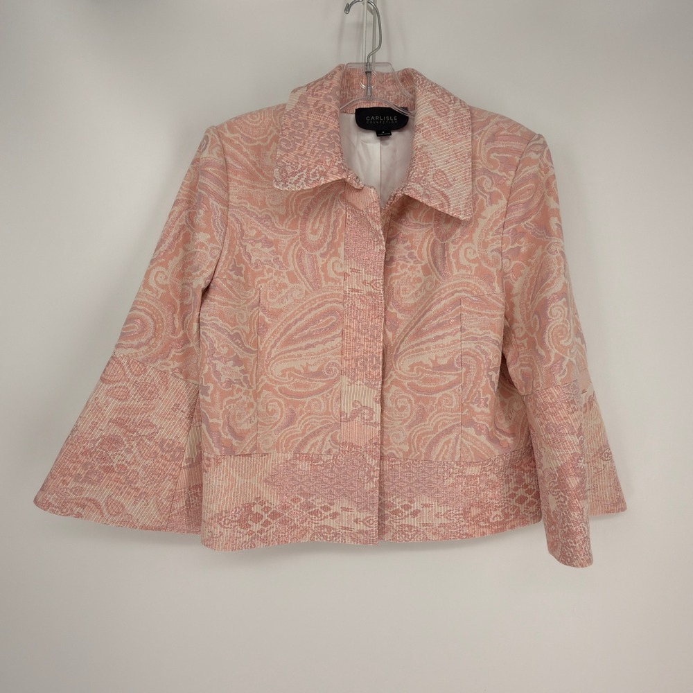 VTG Carlisle Collection Jacket Women 8 Pink Paisley Metallic Bell Sleeve Regency